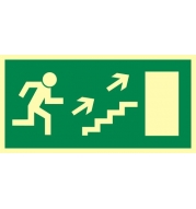 kierunek do wyjścia drogi ewakuacyjnej schodami w górę w prawo/ w lewo